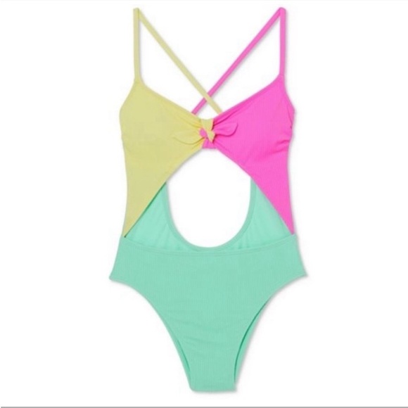 Xhilaration Size L Pink yellow and Mint one piece Swimsuit Y2K 90’s inspired NEW - Picture 6 of 7
